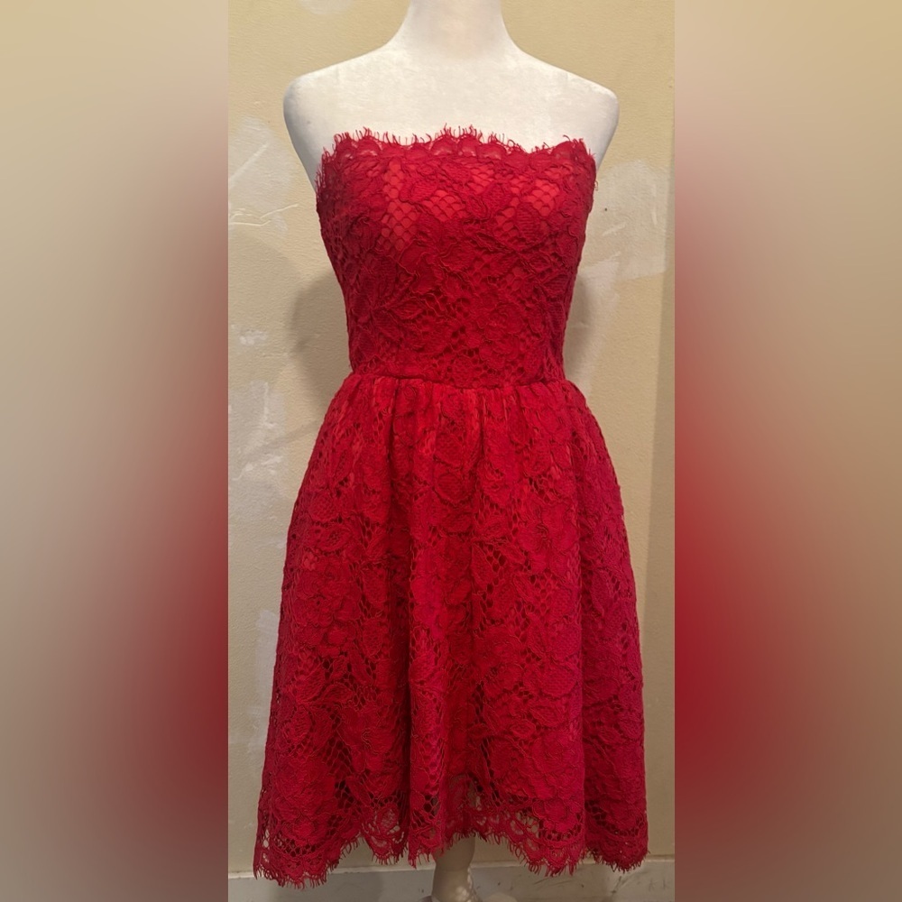 NBD Red Mini Lace Dress Strapless Size 4 - Picture 5 of 7